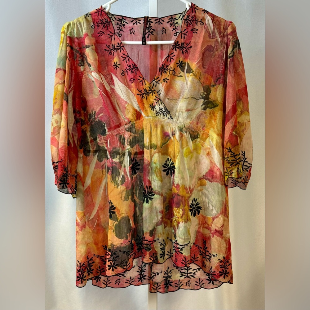Mushka By Sienna Rose Floral Print Embroidered Sheer Lightweight‎ Blouse Sz M - Picture 11 of 11